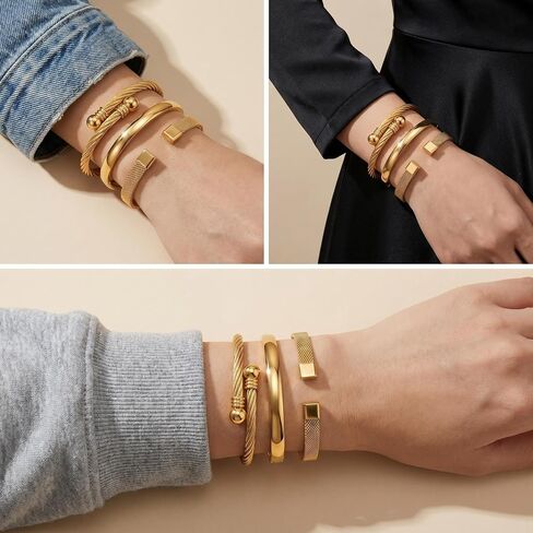 Waterproof Stackable Cuff Bracelets for Women Set of 3 - Non Tarnish Stainless Steel Bracelet Set, Adjustable Mesh, Cable Wire & Hinged Bangle Jewelry Gift in Kuwait