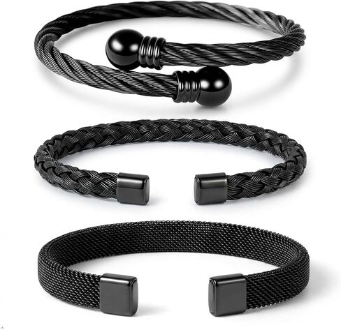 Waterproof Stackable Cuff Bracelets for Women Set of 3 - Non Tarnish Stainless Steel Bracelet Set, Adjustable Mesh, Cable Wire & Hinged Bangle Jewelry Gift in Kuwait