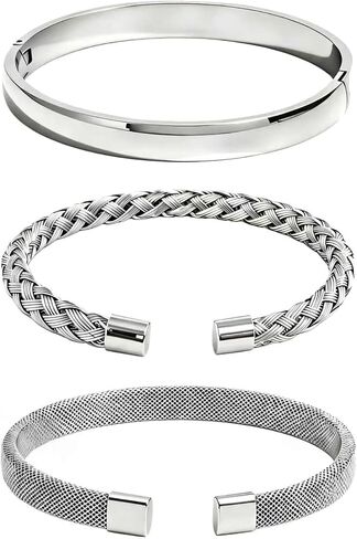 Waterproof Stackable Cuff Bracelets for Women Set of 3 - Non Tarnish Stainless Steel Bracelet Set, Adjustable Mesh, Cable Wire & Hinged Bangle Jewelry Gift in Kuwait