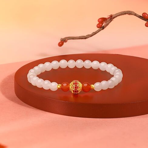 ZHOU LIU FU 24K Real Gold White Green Jade Bracelet Gold Fortune Bead Stretch Bracelet with Jewelry Box for Women Girlfriend Lover in Kuwait