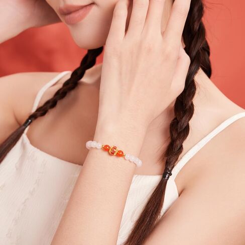 ZHOU LIU FU 24K Real Gold White Green Jade Bracelet Gold Fortune Bead Stretch Bracelet with Jewelry Box for Women Girlfriend Lover in Kuwait