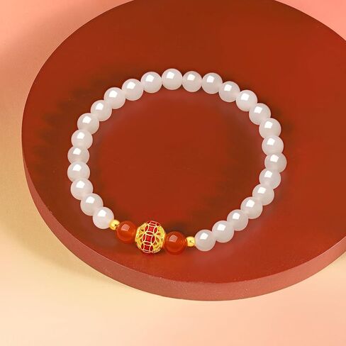 ZHOU LIU FU 24K Real Gold White Green Jade Bracelet Gold Fortune Bead Stretch Bracelet with Jewelry Box for Women Girlfriend Lover in Kuwait