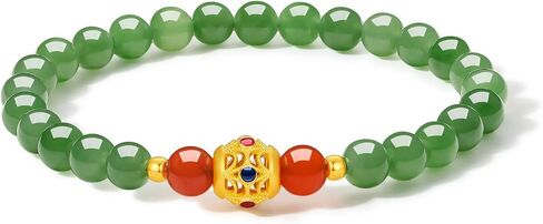 ZHOU LIU FU 24K Real Gold White Green Jade Bracelet Gold Fortune Bead Stretch Bracelet with Jewelry Box for Women Girlfriend Lover in Kuwait