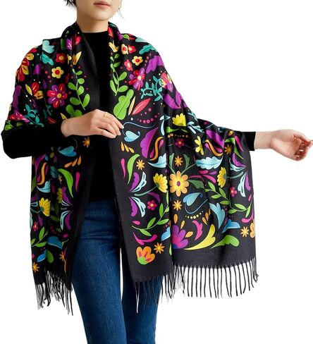 Mexican Otomi Boho Marigold Floral Shawl Wraps, Día de los Muertos & Harvest Festival, Rebozos Mexicanos Blanket Scarf for Women Teacher Mother Family Gifts in Kuwait