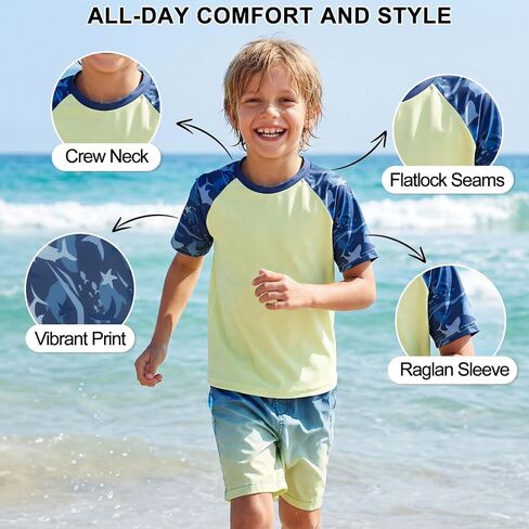 Boys UPF 50+ Rash Guard Short Sleeve Swim Shirt, 4-16Y, Quick Dry Kids UV Protection Surf Water Top Tee in Kuwait