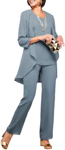 Chiffon Mother of the Bride Pant Suits for Wedding 3 Pieces Wedding Guest Outfits for Women with Jacket in Kuwait