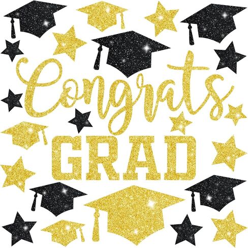 Whaline 6 Sheet Glitter Graduation Window Clings Black Gold Grad Hat Star Double-Sided Congrats Grad Reusable Window Decals for Home School Classroom Party Decor in Kuwait