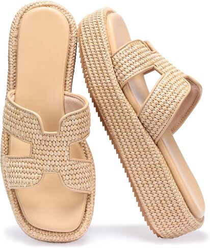 Monrovia Raffia Platform Sandals for Women Slip-On Espadrille Wedges Slides, Flatform Woven Straw Summer Vacation Beach Shoes in Saudi Arabia