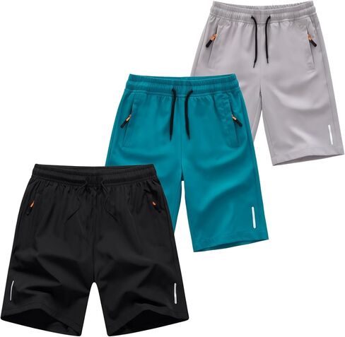 DINGDONG'S CLOSET 3 Pack Boys Shorts Quick Dry Athletic Running Shorts with Zipper Pockets in Saudi Arabia