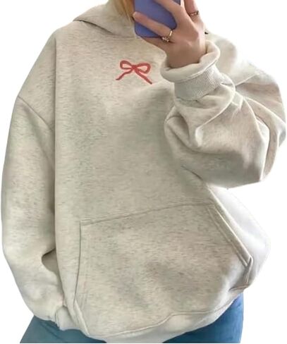 Bow Hoodie Hibiscus Women Oversized Cute Graphic Embroidered Preppy Y2K Long Sleeve Sweatshirt Pullover in Kuwait