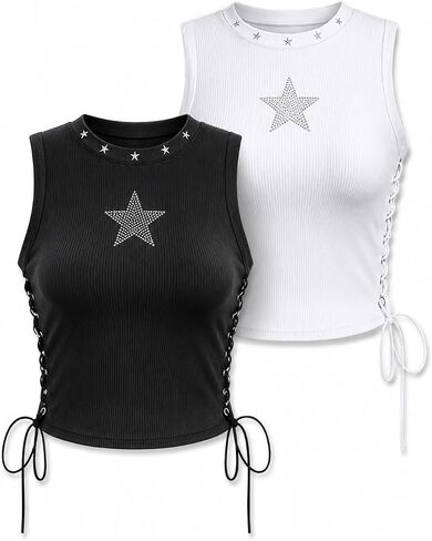 Women's Tank Tops Y2K Gothic Sexy Sleeveless Sparkly Star Rhinestone Crewneck Crop Top Shirts for Summer Going Out in Kuwait