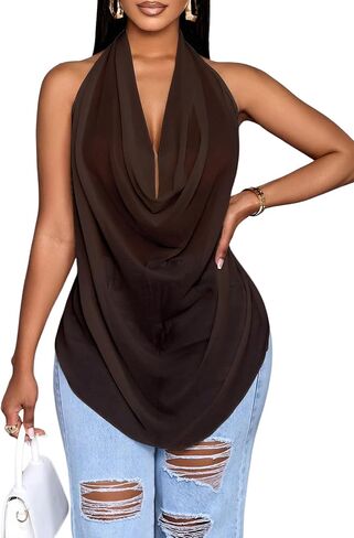 OYOANGLE Women's Cowl Neck Halter Top Backless Shirts Y2k See Through Draped Top Going Out Tank Top Party Clubwear in Saudi Arabia
