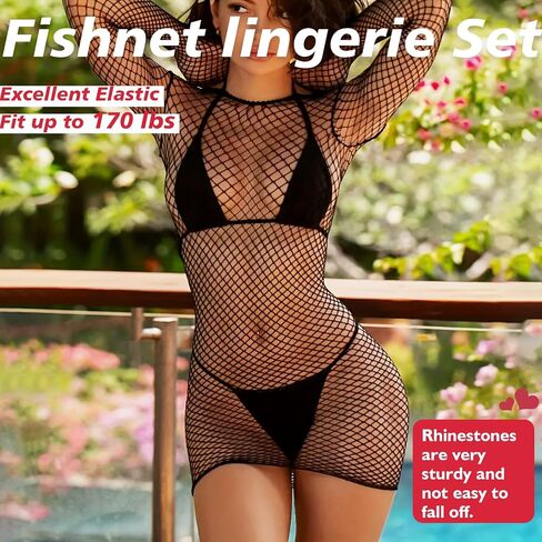 Sexy Lingerie for Women Naughty Fishnet Lingerie Set Bodysuit Outfits Teddy Erotic Sheer Mesh Lingerie Black in Kuwait
