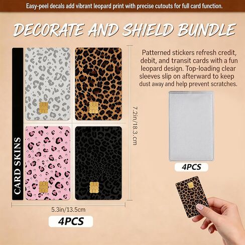 8 Pcs Debit Card Sticker Set, With 4 Pcs Leopard Pattern Card Decal and 4 Pcs Clear Frosted Sleeve, Removable Card Protector, For Access, Transit And Daily Use For Adults, Pink Gray Black Coffee in Saudi Arabia