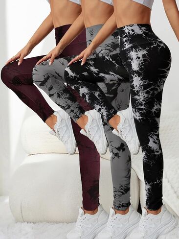 3 Pack Super Soft High Waisted Tie Dye Print Sport Leggings for Women. No See Through Workout Running Yoga Leggings. in Kuwait