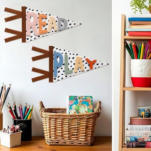 Mindsoft 2 Pcs Reading Corner Decor Composition Read Play Wall Pennants Banners 13.78 x 7.87 Inch Classroom Wall Felt Banner Flag for Playroom Kindergarten Primary School Nurseries in Kuwait