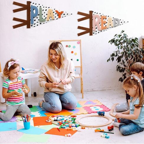 Mindsoft 2 Pcs Reading Corner Decor Composition Read Play Wall Pennants Banners 13.78 x 7.87 Inch Classroom Wall Felt Banner Flag for Playroom Kindergarten Primary School Nurseries in Kuwait