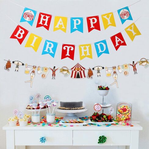 KUNGOON Circus Happy Birthday Banner, Carnival Theme Party Decorations with Colorful Bunting, Amusement Park Design for Baby Boys Girls Kids Birthday Party. in Kuwait