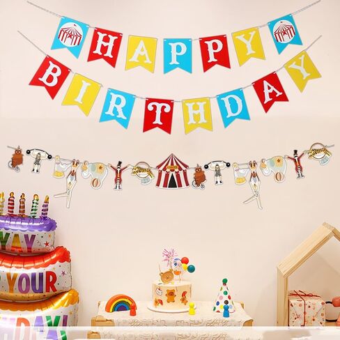 KUNGOON Circus Happy Birthday Banner, Carnival Theme Party Decorations with Colorful Bunting, Amusement Park Design for Baby Boys Girls Kids Birthday Party. in Kuwait