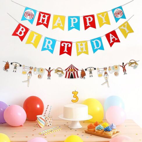KUNGOON Circus Happy Birthday Banner, Carnival Theme Party Decorations with Colorful Bunting, Amusement Park Design for Baby Boys Girls Kids Birthday Party. in Kuwait