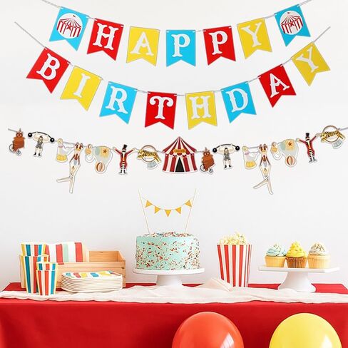 KUNGOON Circus Happy Birthday Banner, Carnival Theme Party Decorations with Colorful Bunting, Amusement Park Design for Baby Boys Girls Kids Birthday Party. in Kuwait