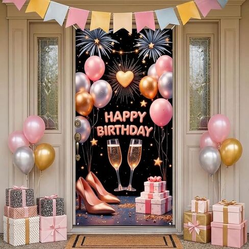 Happy Birthday Door Cover Decorations for Girls, Rose Gold Luxury Birthday Door Banner Champagne Glasses Pink Heart Birthday Backdrop Decorations for Women Girls Birthday Party Supplies 71x35'' in Kuwait