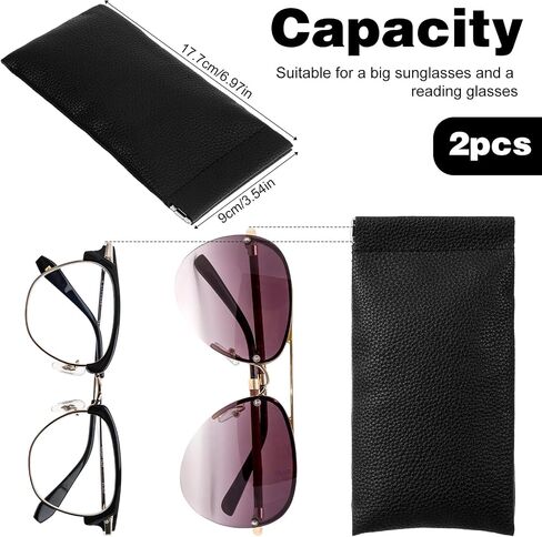 2Pcs Soft Glasses Case, PU Leather Glasses Case Soft Eyeglass Cases for Women Men Squeeze Top Sunglasses Pouch Travel with Cleaning Cloth(Black) in Kuwait