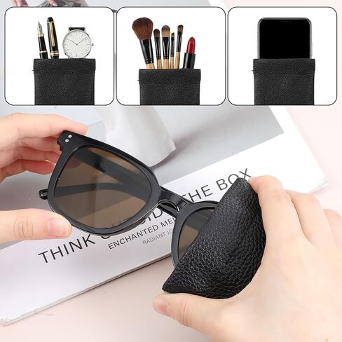 2Pcs Soft Glasses Case, PU Leather Glasses Case Soft Eyeglass Cases for Women Men Squeeze Top Sunglasses Pouch Travel with Cleaning Cloth(Black) in Kuwait