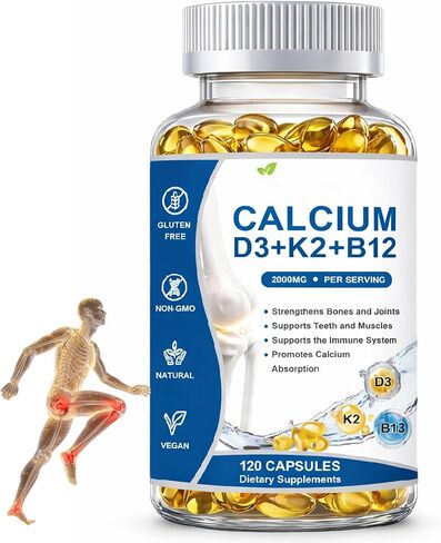Calcio D3 K2 B12 Softgels, Calcium 2000mg with d3 & k2, Suplemento de Calcio, Strengthen Bones and Teeth, Boost Energy, Non-GMO, 120 Softgels in Kuwait