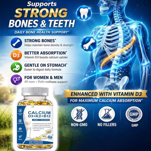 Calcio D3 K2 B12 Softgels, Calcium 2000mg with d3 & k2, Suplemento de Calcio, Strengthen Bones and Teeth, Boost Energy, Non-GMO, 120 Softgels in Kuwait