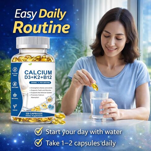 Calcio D3 K2 B12 Softgels, Calcium 2000mg with d3 & k2, Suplemento de Calcio, Strengthen Bones and Teeth, Boost Energy, Non-GMO, 120 Softgels in Kuwait