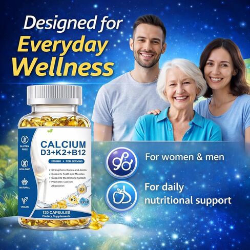 Calcio D3 K2 B12 Softgels, Calcium 2000mg with d3 & k2, Suplemento de Calcio, Strengthen Bones and Teeth, Boost Energy, Non-GMO, 120 Softgels in Kuwait