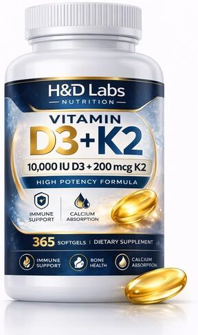 H&D Labs Nutrition Vitamin D3 K2 10000 IU (125mcg) مع MK-7 - دعم عالي الفعالية للعظام والمناعة - 365 كبسولة - مكمل غذائي غير معدّل وراثيًا in Kuwait