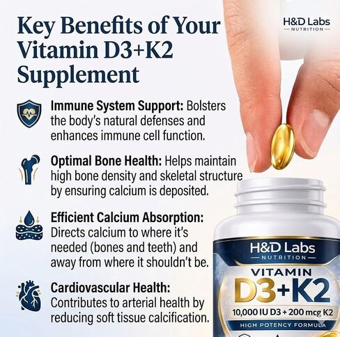 H&D Labs Nutrition Vitamin D3 K2 10000 IU (125mcg) مع MK-7 - دعم عالي الفعالية للعظام والمناعة - 365 كبسولة - مكمل غذائي غير معدّل وراثيًا in Kuwait