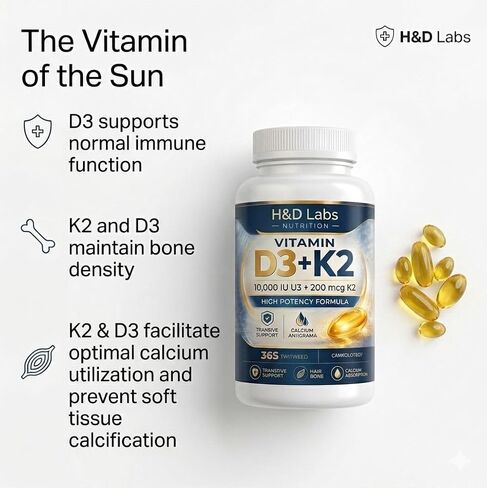 H&D Labs Nutrition Vitamin D3 K2 10000 IU (125mcg) مع MK-7 - دعم عالي الفعالية للعظام والمناعة - 365 كبسولة - مكمل غذائي غير معدّل وراثيًا in Kuwait