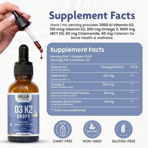 Bella All Natural Vitamin D3 K2 Drops Organic Omega 3 MCT Oil - Evening in Kuwait