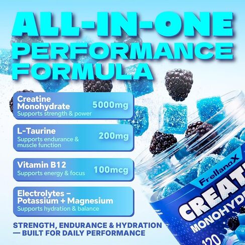 Creatine Monohydrate Gummies 5g for Men & Women - Creatine Gummies NSF Certified, Sugar Free Multi-Ingredient Formula for Muscle Strength & Recovery - Blue Raspberry, 120 Count in Kuwait