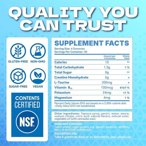 Creatine Monohydrate Gummies 5g for Men & Women - Creatine Gummies NSF Certified, Sugar Free Multi-Ingredient Formula for Muscle Strength & Recovery - Blue Raspberry, 120 Count in Kuwait