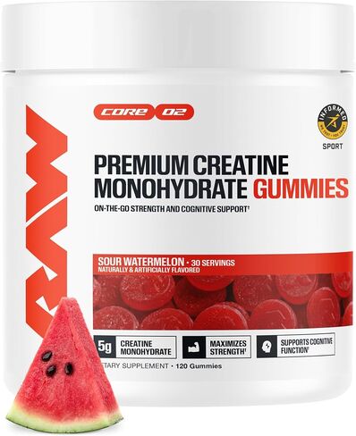 علكات الكرياتين من RAW Nutrition، البطيخ الحامض، 5 جرام كرياتين مونوهيدرات، يدعم القوة والأداء عالي الكثافة، مكمل غذائي قابل للمضغ بدون خلط قبل/بعد التمرين، 120 علكة (30 حصة) in Kuwait