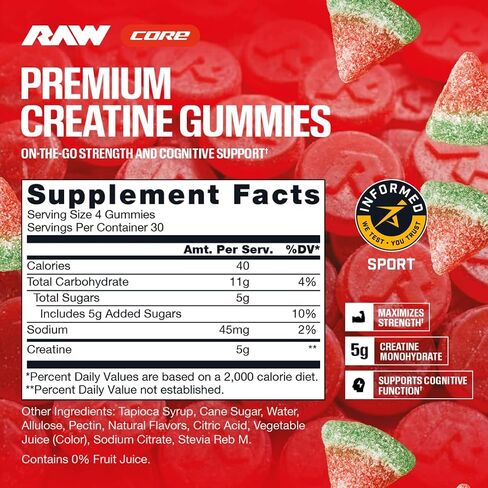 علكات الكرياتين من RAW Nutrition، البطيخ الحامض، 5 جرام كرياتين مونوهيدرات، يدعم القوة والأداء عالي الكثافة، مكمل غذائي قابل للمضغ بدون خلط قبل/بعد التمرين، 120 علكة (30 حصة) in Kuwait
