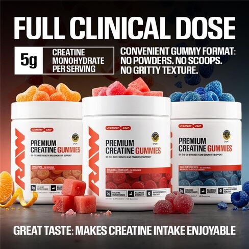 علكات الكرياتين من RAW Nutrition، البطيخ الحامض، 5 جرام كرياتين مونوهيدرات، يدعم القوة والأداء عالي الكثافة، مكمل غذائي قابل للمضغ بدون خلط قبل/بعد التمرين، 120 علكة (30 حصة) in Kuwait