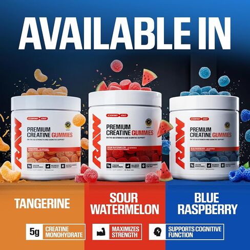 علكات الكرياتين من RAW Nutrition، البطيخ الحامض، 5 جرام كرياتين مونوهيدرات، يدعم القوة والأداء عالي الكثافة، مكمل غذائي قابل للمضغ بدون خلط قبل/بعد التمرين، 120 علكة (30 حصة) in Kuwait