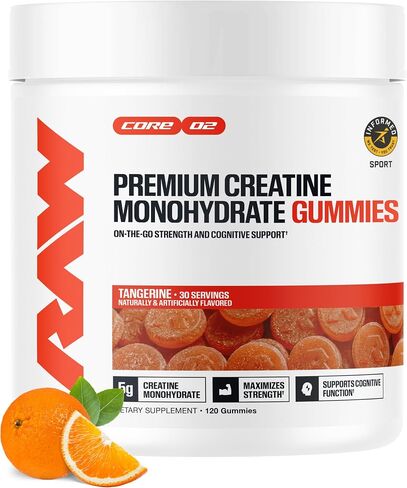علكات الكرياتين من RAW Nutrition، البطيخ الحامض، 5 جرام كرياتين مونوهيدرات، يدعم القوة والأداء عالي الكثافة، مكمل غذائي قابل للمضغ بدون خلط قبل/بعد التمرين، 120 علكة (30 حصة) in Kuwait