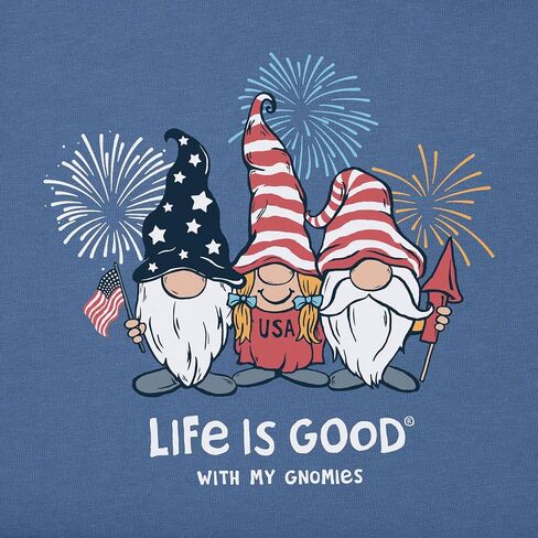 تي شيرت نسائي من Life is Good مطبوع عليه 4th of July Crusher برقبة على شكل حرف V، تي شيرت قطني بأكمام قصيرة، USA Gnomes، أزرق عتيق، XXL in Kuwait
