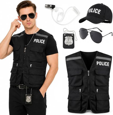 Yi-gog Police Costume Outfit for Men Women,Police Officer Accessories Vest Cop Hat Glasses Headphones Badge Halloween Cosplay Dress Up in Saudi Arabia