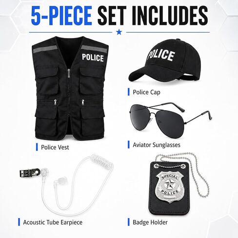 Yi-gog Police Costume Outfit for Men Women,Police Officer Accessories Vest Cop Hat Glasses Headphones Badge Halloween Cosplay Dress Up in Saudi Arabia