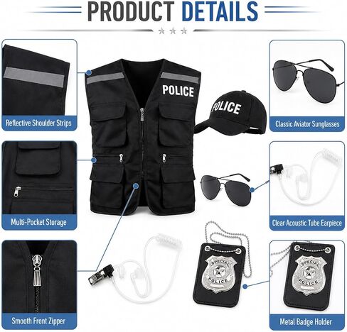 Yi-gog Police Costume Outfit for Men Women,Police Officer Accessories Vest Cop Hat Glasses Headphones Badge Halloween Cosplay Dress Up in Saudi Arabia
