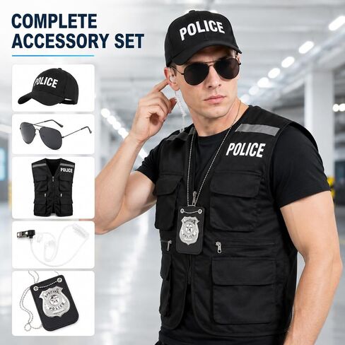 Yi-gog Police Costume Outfit for Men Women,Police Officer Accessories Vest Cop Hat Glasses Headphones Badge Halloween Cosplay Dress Up in Saudi Arabia