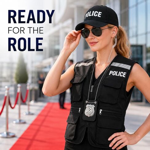 Yi-gog Police Costume Outfit for Men Women,Police Officer Accessories Vest Cop Hat Glasses Headphones Badge Halloween Cosplay Dress Up in Saudi Arabia