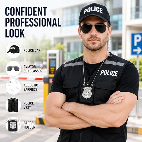 Yi-gog Police Costume Outfit for Men Women,Police Officer Accessories Vest Cop Hat Glasses Headphones Badge Halloween Cosplay Dress Up in Saudi Arabia